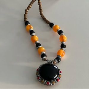 Boho orange and black beaded and sterling silver double sided necklace vintage